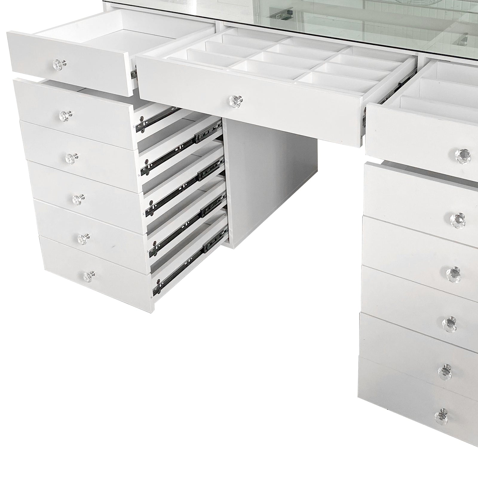 Adeline Makeup Vanity Table with LED Mirror in White features a white wooden unit with a glass top, 13 drawers with faceted knobs, and a center compartment for organized storage.