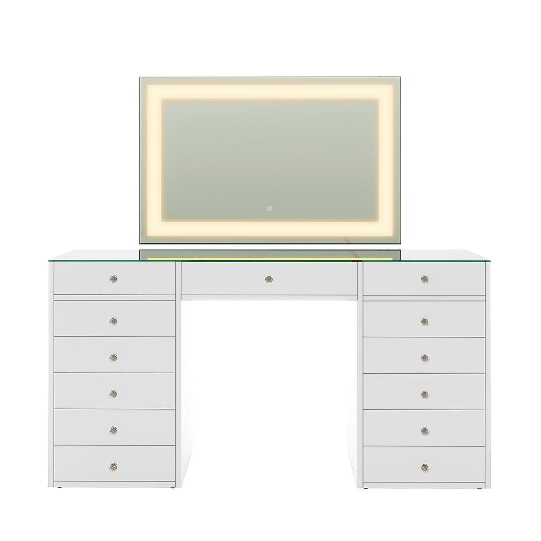 Adeline LED Mirror Storage Dressing Table in White features a large LED-framed mirror, two pedestal units with 12 drawers, a glass tabletop, and a center drawer, offering modern makeup organization.