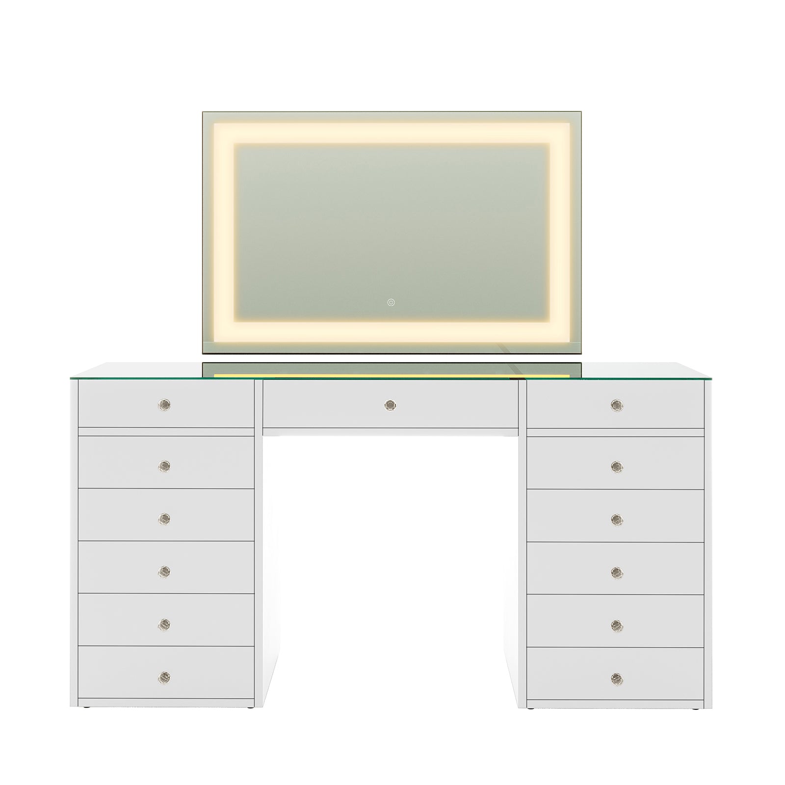 Adeline LED Mirror Storage Dressing Table in White features a large LED-framed mirror, two pedestal units with 12 drawers, a glass tabletop, and a center drawer, offering modern makeup organization.