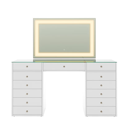 Adeline LED Mirror Storage Dressing Table in White features a large LED-framed mirror, two pedestal units with 12 drawers, a glass tabletop, and a center drawer, offering modern makeup organization.