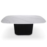 Aeris 180cm Marble Look Dining Table With Wood Base in Black features a white marble-look top with grey veining and a fluted black pedestal base, offering modern elegance and practicality.