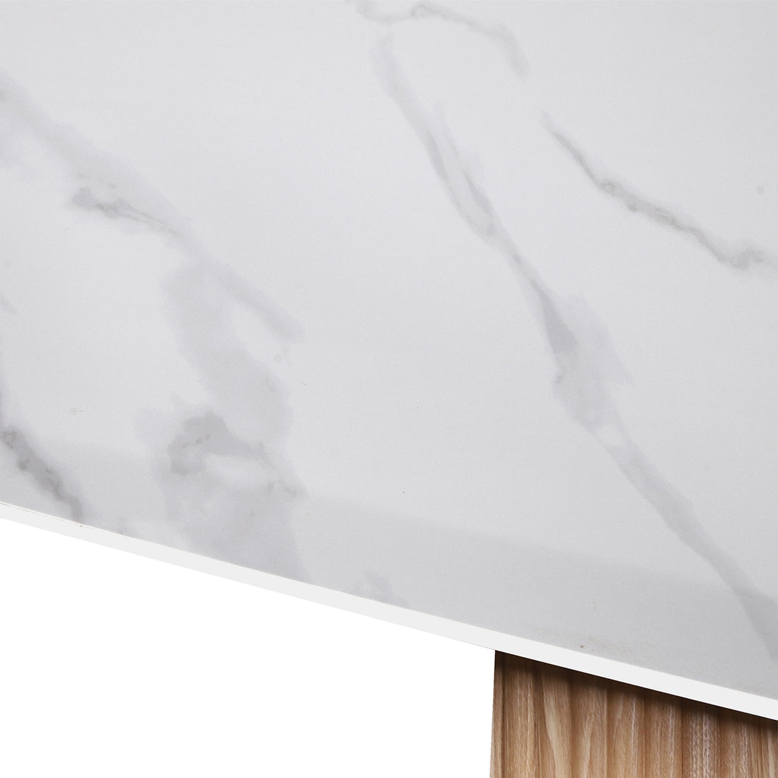 Aeris 180cm Marble Look Dining Table With Wood Base in Oak features a white marble-patterned top with subtle gray veining, resting on an unfinished wood base, showcasing modern elegance and durability.