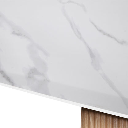 Aeris 180cm Marble Look Dining Table With Wood Base in Oak features a white marble-patterned top with subtle gray veining, resting on an unfinished wood base, showcasing modern elegance and durability.