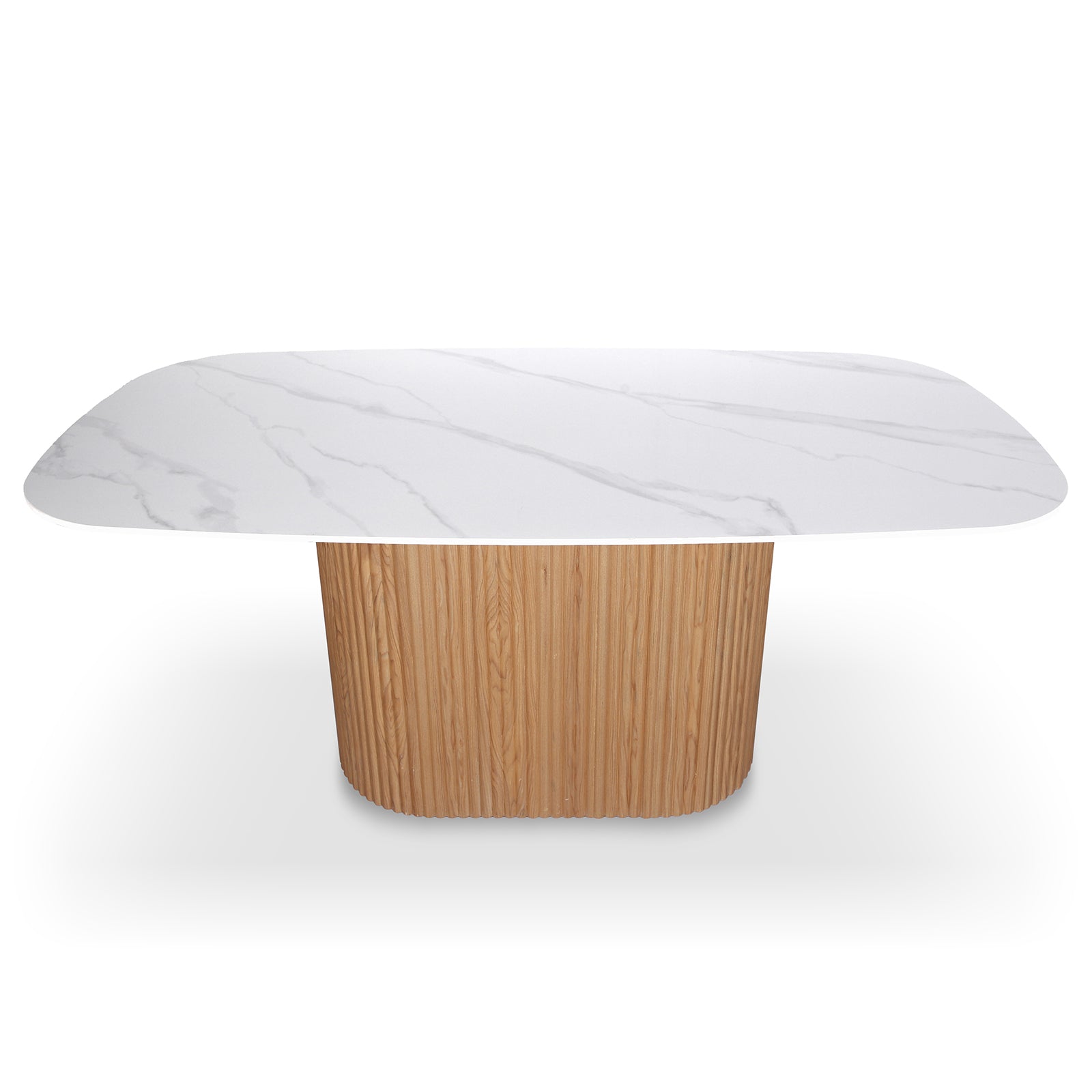 Aeris 180cm Marble Look Dining Table With Wood Base in Oak features a white marble-look top with subtle veining, resting on a light-stained, fluted wood pedestal base for a modern, elegant design.
