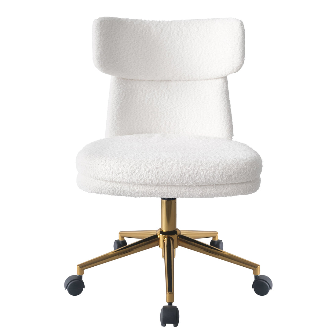 Luxo Aerona High Back Boucle Office Chair in Cream White, featuring a rounded, upholstered seat and low back, on a polished gold-tone five-star base with black caster wheels for mobility.
