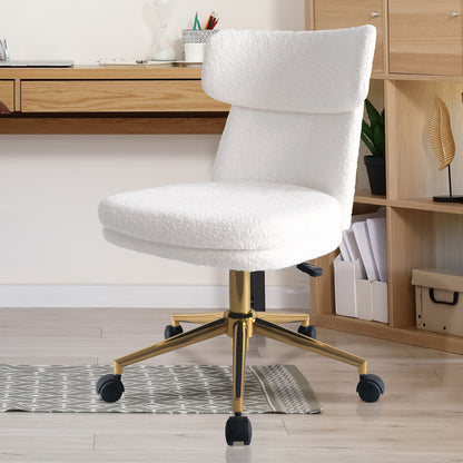 Luxo Aerona High Back Boucle Office Chair in Cream White, featuring plush boucle upholstery, gold-toned base, and black caster wheels, set within a home office with a wooden desk and shelving unit.