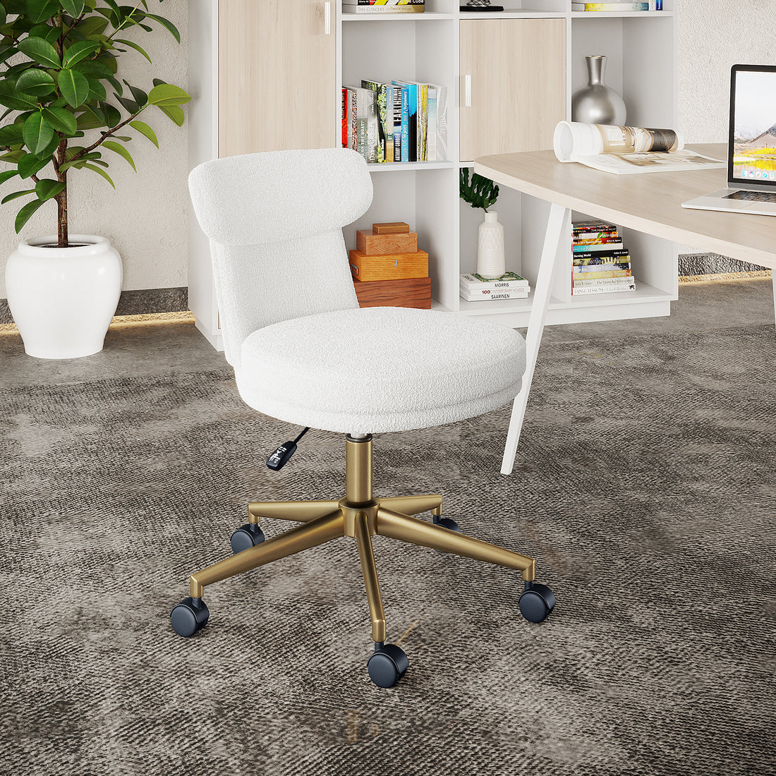 Luxo Aerona High Back Boucle Office Chair in Cream White, featuring a cushioned seat, low back, boucle upholstery, gold chrome base with caster wheels, and a height-adjustable gas lift in a modern home-office setup.