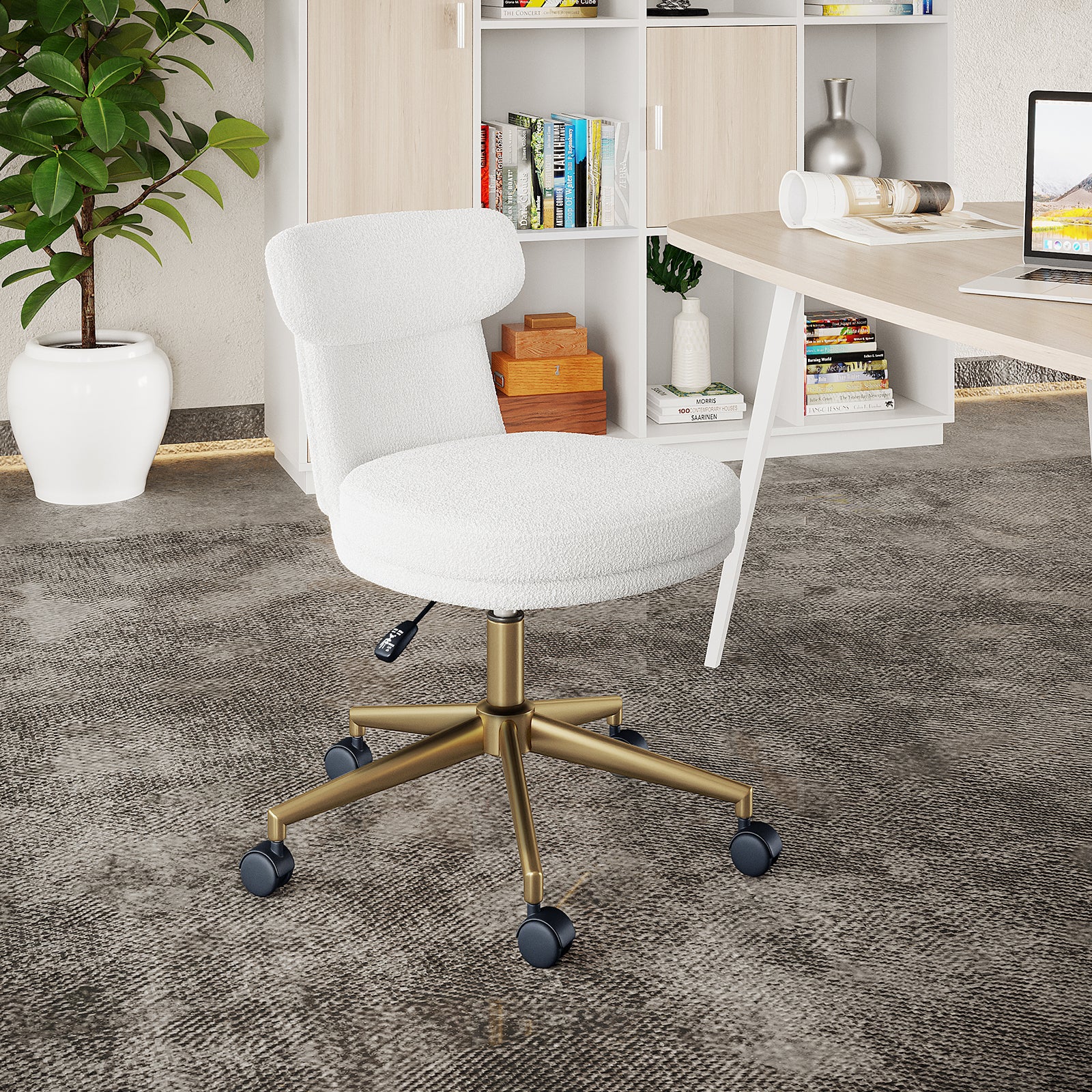 Luxo Aerona High Back Boucle Office Chair in Cream White, featuring a cushioned seat, low back, boucle upholstery, gold chrome base with caster wheels, and a height-adjustable gas lift in a modern home-office setup.