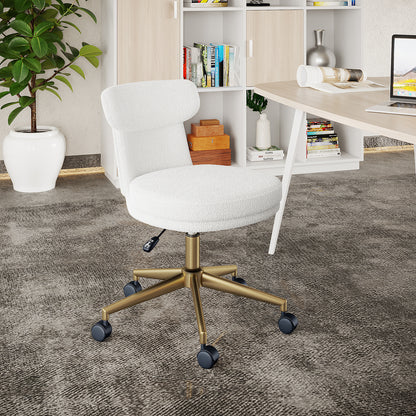 Luxo Aerona High Back Boucle Office Chair in Cream White, featuring a cushioned seat, low back, boucle upholstery, gold chrome base with caster wheels, and a height-adjustable gas lift in a modern home-office setup.