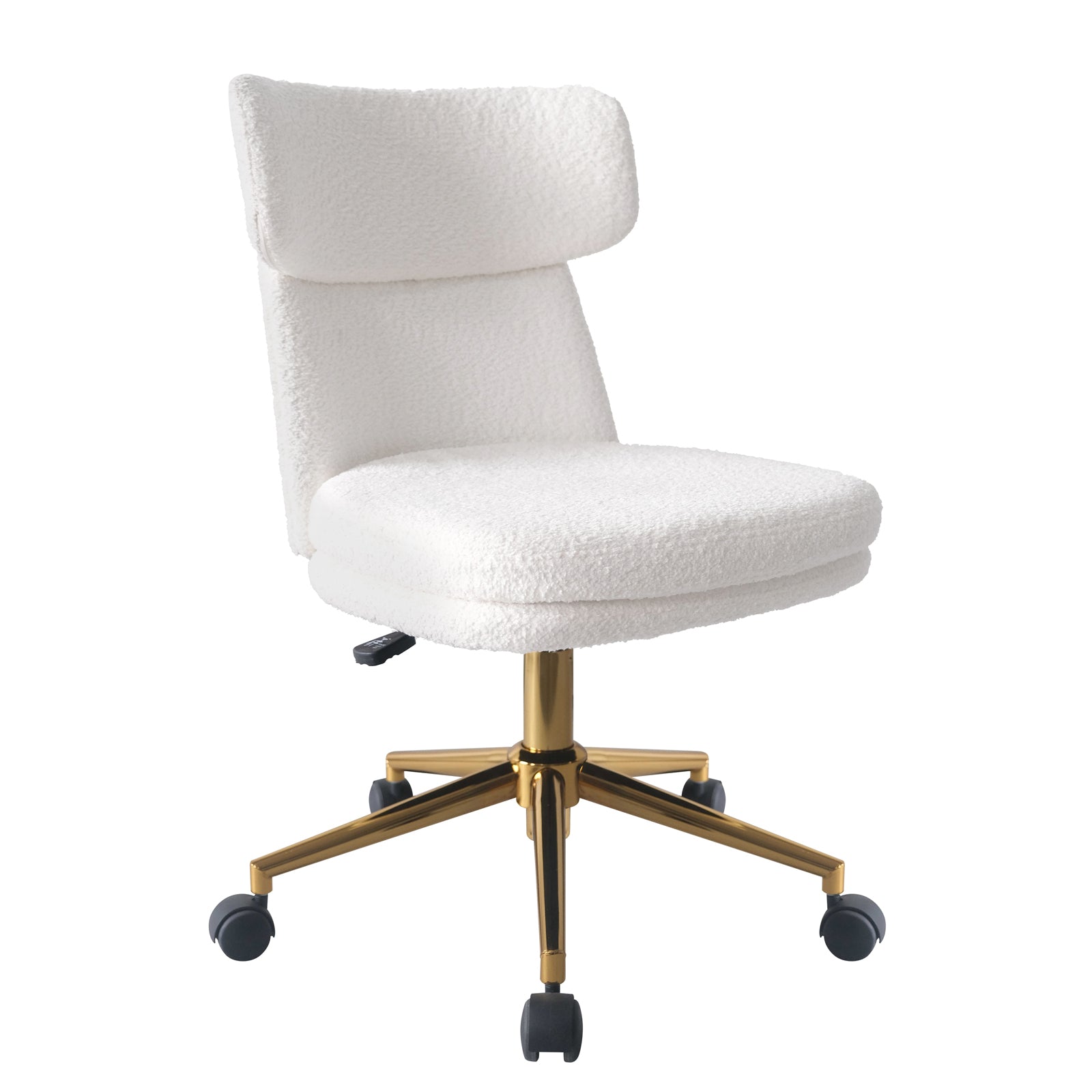 Luxo Aerona High Back Boucle Office Chair in Cream White, featuring plush boucle upholstery, a high backrest, gold-metal base with black caster wheels, and a height-adjustable, swiveling seat.