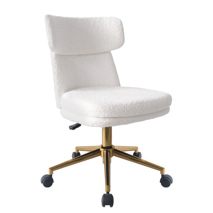Luxo Aerona High Back Boucle Office Chair in Cream White, featuring plush boucle upholstery, a high backrest, gold-metal base with black caster wheels, and a height-adjustable, swiveling seat.