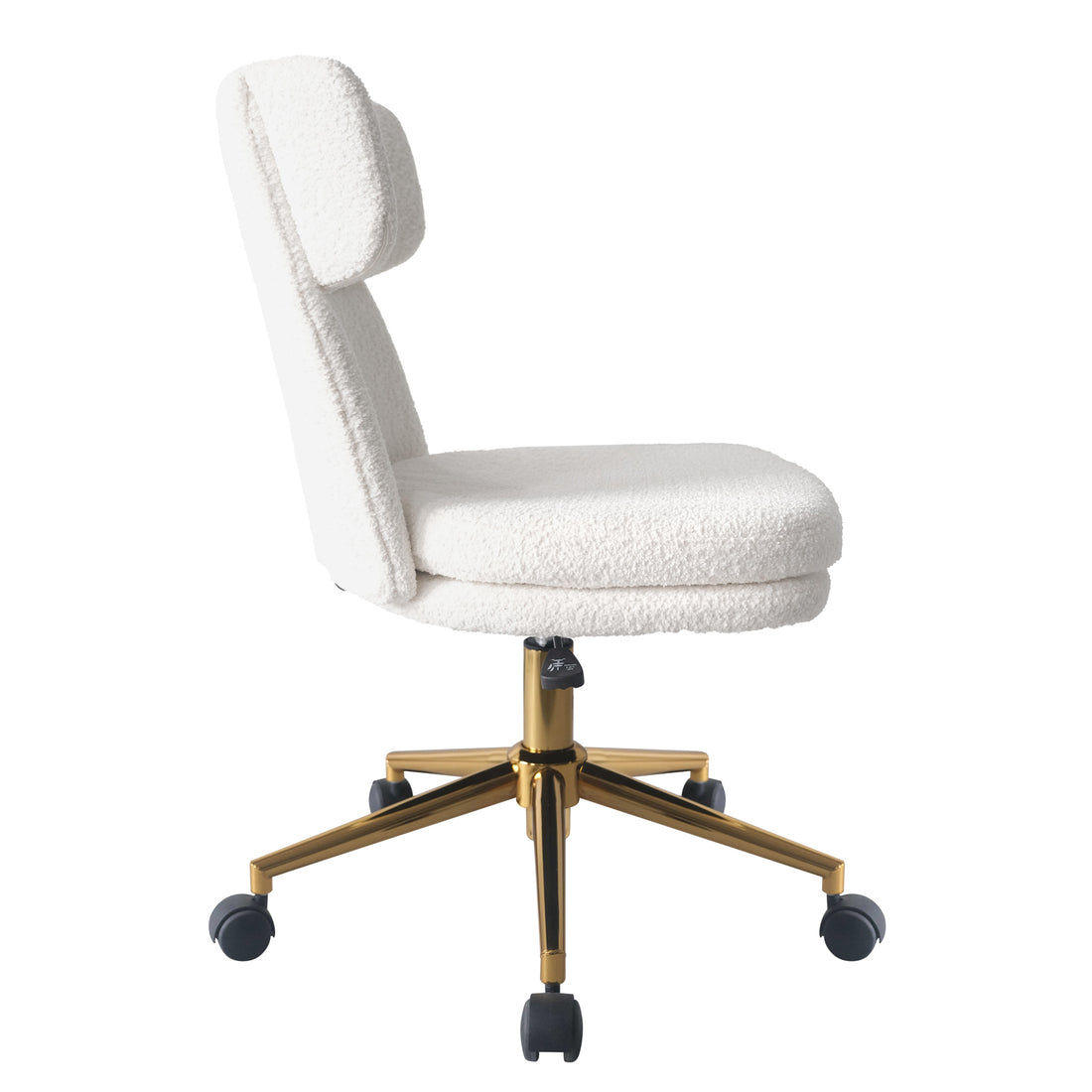 Luxo Aerona High Back Boucle Office Chair in Cream White, featuring plush boucle upholstery, a high backrest for support, and a gold-finished base with five caster wheels for smooth mobility.