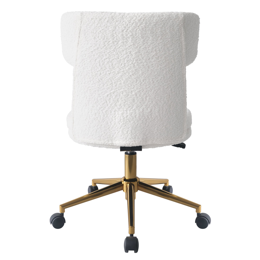 Luxo Aerona High Back Boucle Office Chair in Cream White features a plush, boucle-upholstered seat with a high backrest, set on a five-star gold-metal base with caster wheels for mobility.