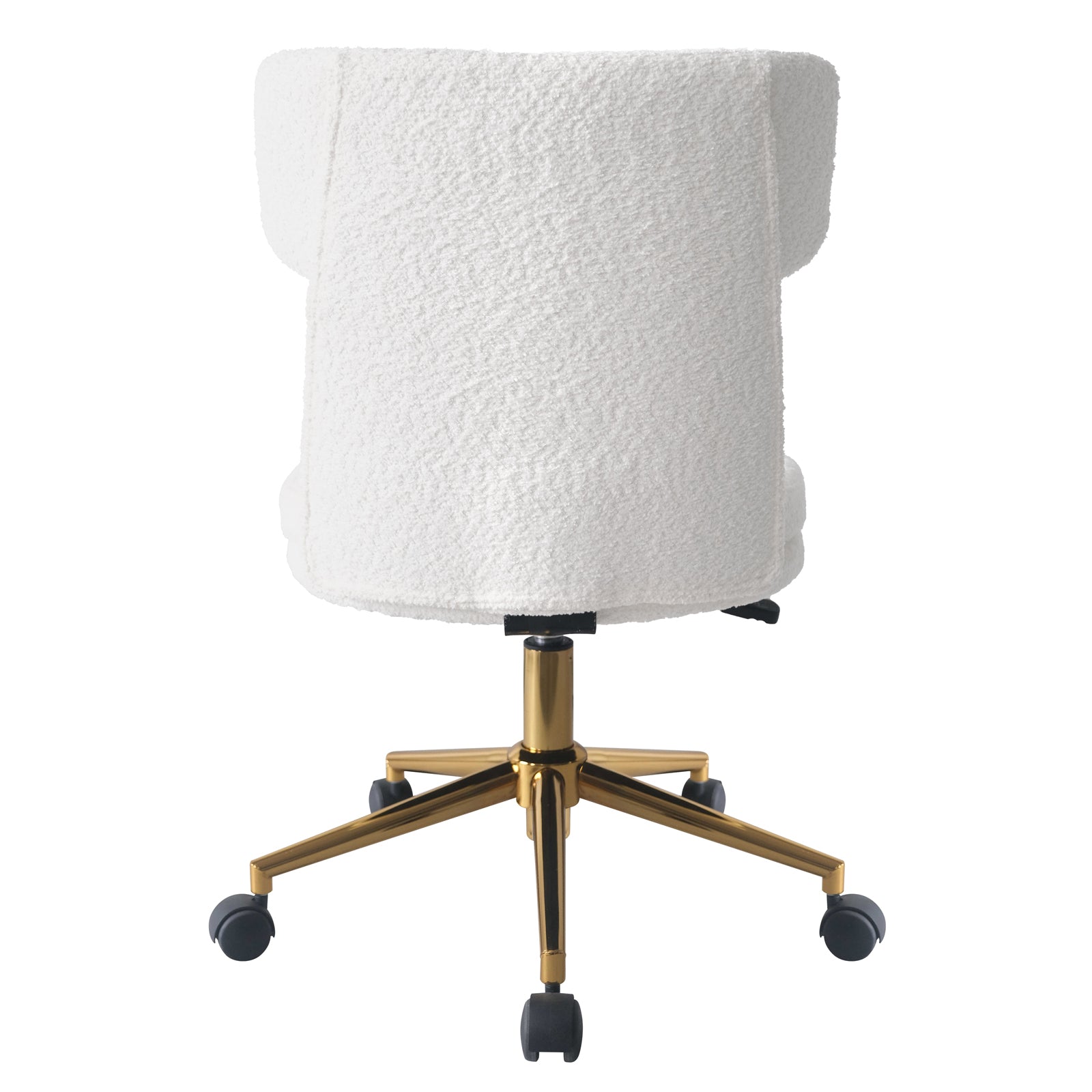 Luxo Aerona High Back Boucle Office Chair in Cream White features a plush, boucle-upholstered seat with a high backrest, set on a five-star gold-metal base with caster wheels for mobility.