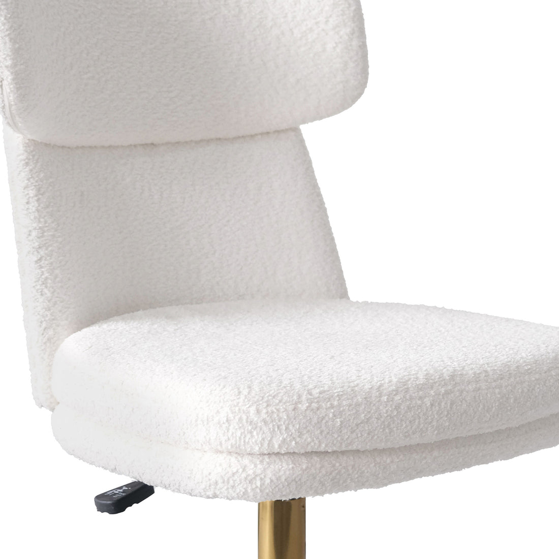 Close-up of Luxo Aerona High Back Boucle Office Chair in Cream White, featuring plush boucle upholstery, a black adjustment lever, and a gold-finished metal support column for modern elegance and comfort.