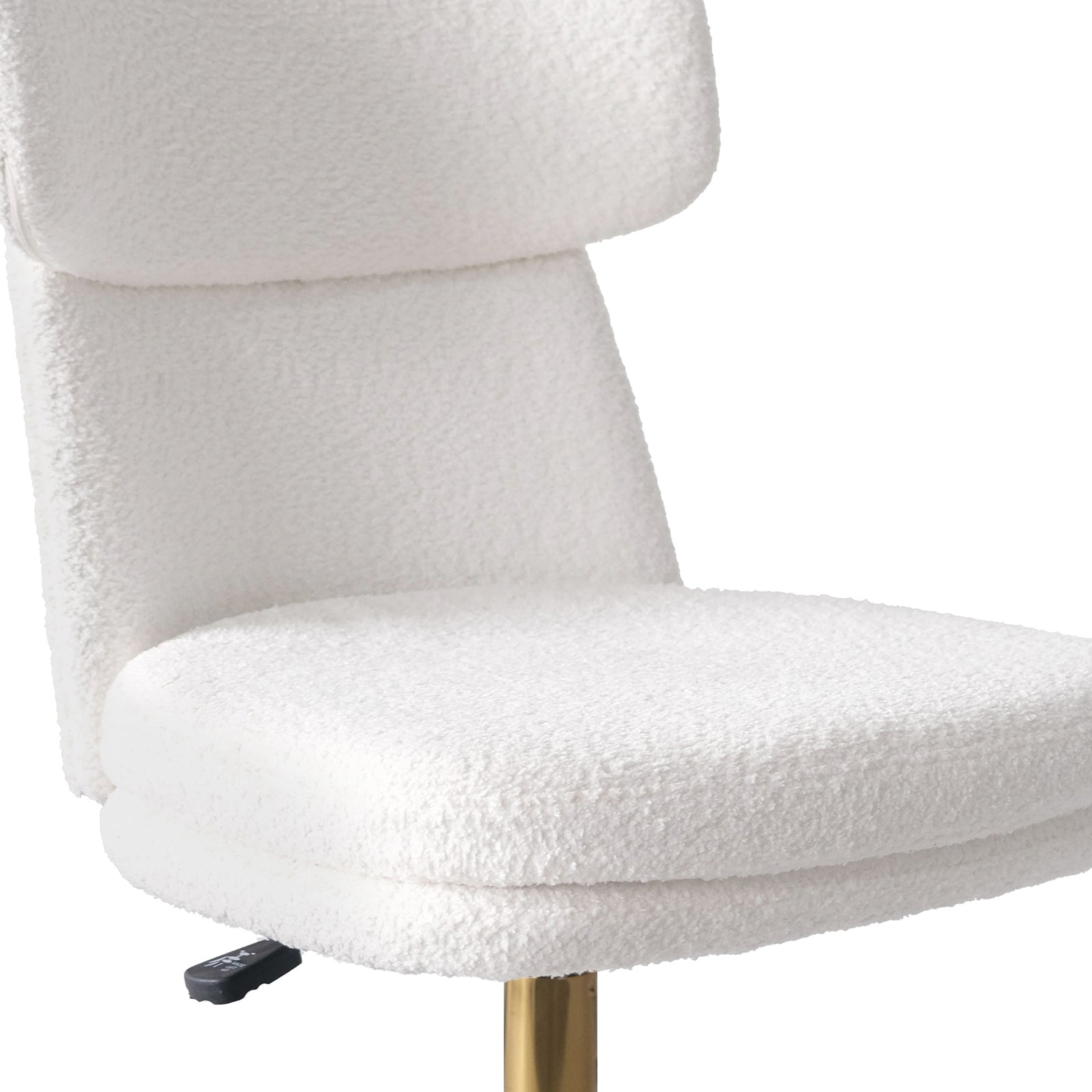 Close-up of Luxo Aerona High Back Boucle Office Chair in Cream White, featuring plush boucle upholstery, a black adjustment lever, and a gold-finished metal support column for modern elegance and comfort.
