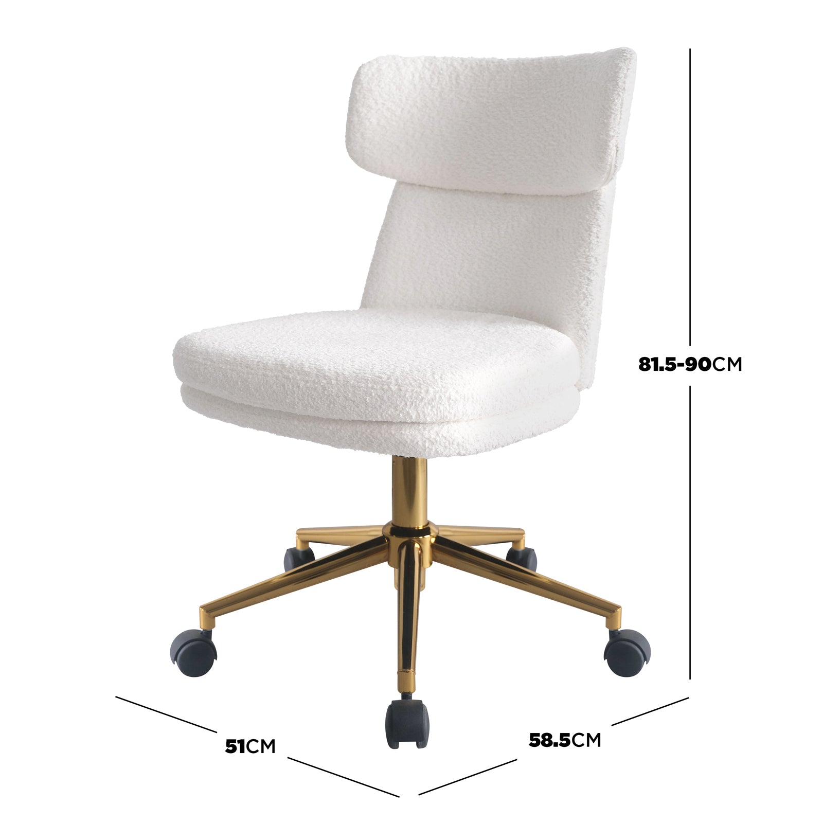 Luxo Aerona High Back Boucle Office Chair in Cream White features a modern armless design, white bouclé upholstery, high backrest, gold-tone metal base with caster wheels, and adjustable seat height.