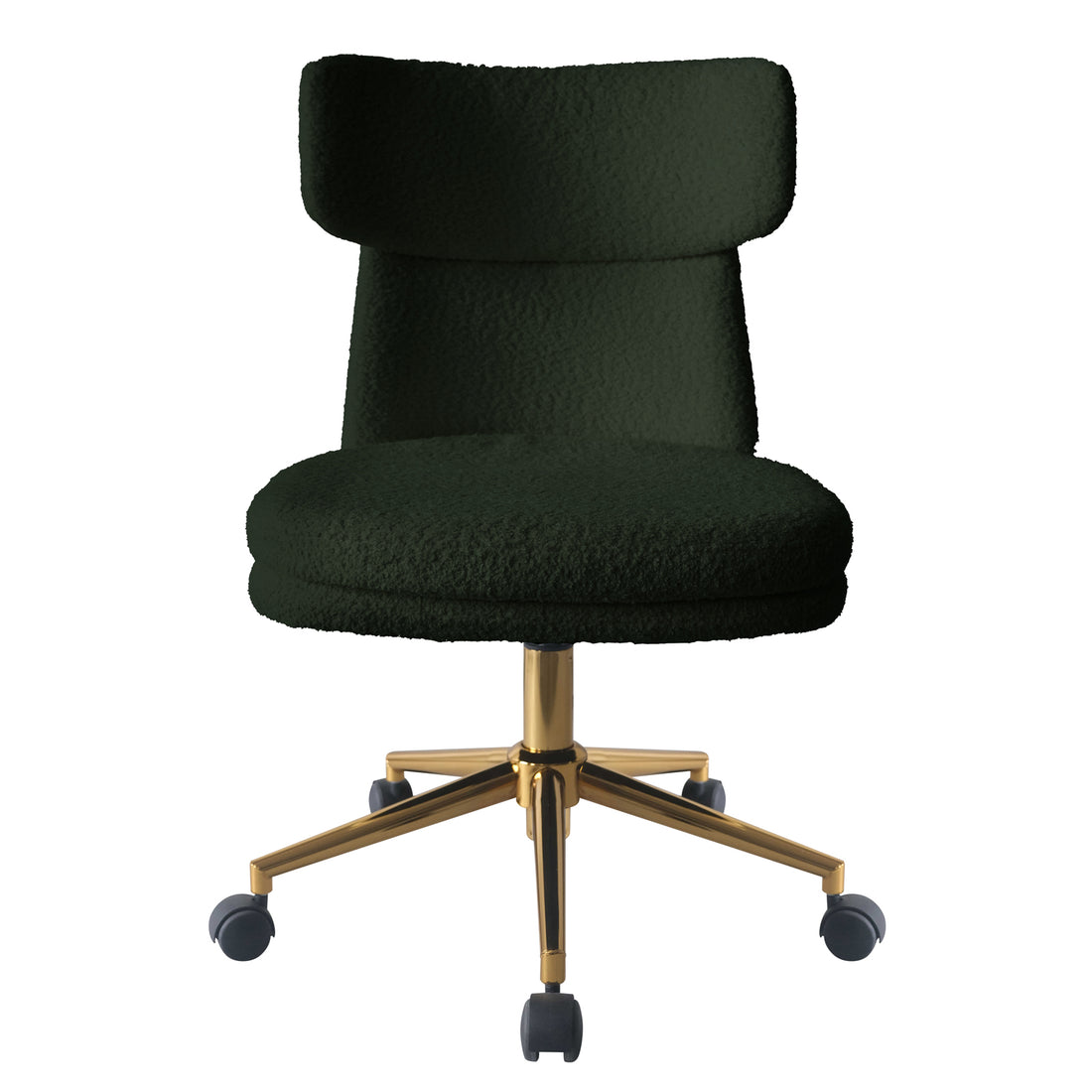 Luxo Aerona High Back Boucle Office Chair in Dark Green with a rounded, low-profile backrest, thick circular seat cushion, and a five-star gold-plated base with caster wheels.
