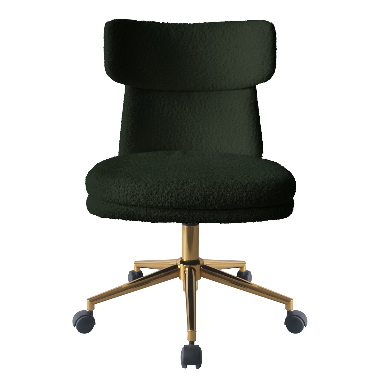 Luxo Aerona High Back Boucle Office Chair in Dark Green with a rounded, low-profile backrest, thick circular seat cushion, and a five-star gold-plated base with caster wheels.