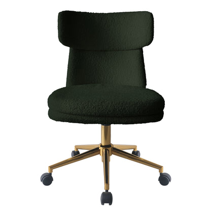 Luxo Aerona High Back Boucle Office Chair in Dark Green with a rounded, low-profile backrest, thick circular seat cushion, and a five-star gold-plated base with caster wheels.