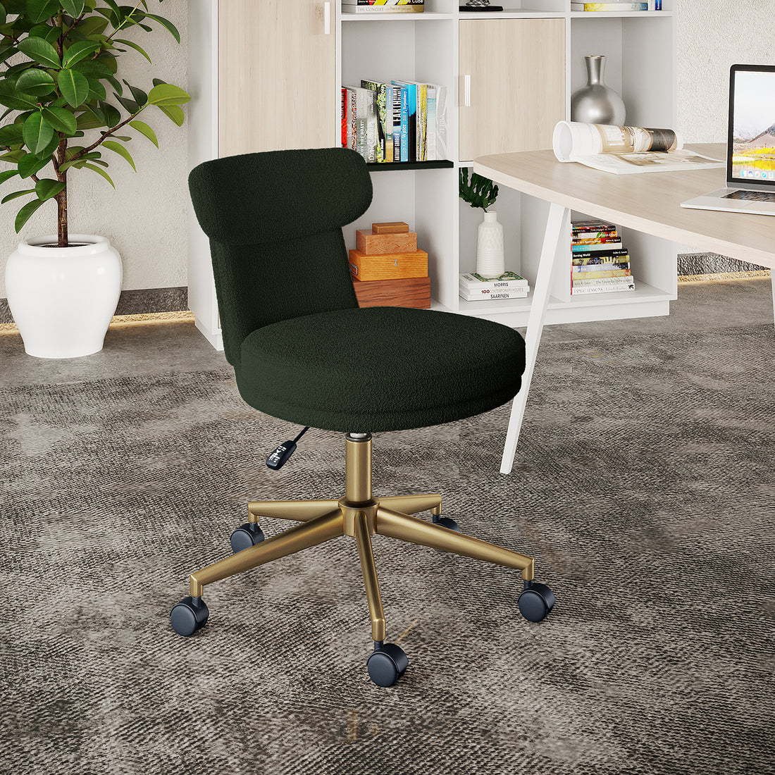 Luxo Aerona High Back Boucle Office Chair, dark green, features ergonomic design with plush upholstery, a brass-tone base, and caster wheels, set in a modern home-office corner with a desk and shelving.