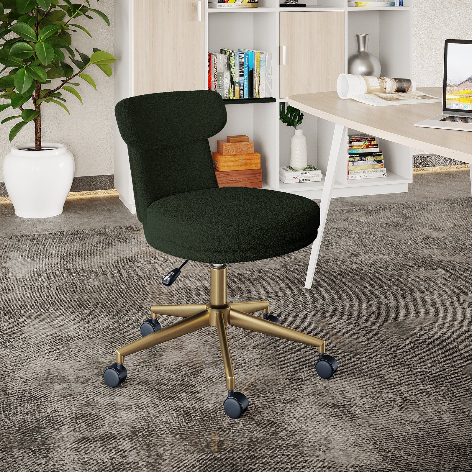Luxo Aerona High Back Boucle Office Chair, dark green, features ergonomic design with plush upholstery, a brass-tone base, and caster wheels, set in a modern home-office corner with a desk and shelving.