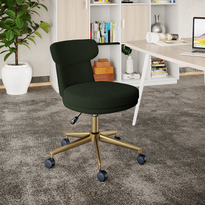 Luxo Aerona High Back Boucle Office Chair, dark green, features ergonomic design with plush upholstery, a brass-tone base, and caster wheels, set in a modern home-office corner with a desk and shelving.