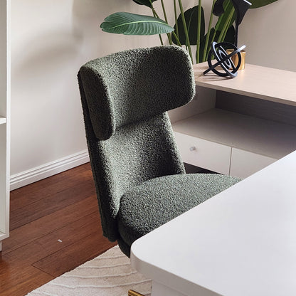 Luxo Aerona High Back Boucle Office Chair in Dark Green, featuring plush upholstery, high-back design, gold chrome base, tucked under a white tabletop in a modern home-office setting.