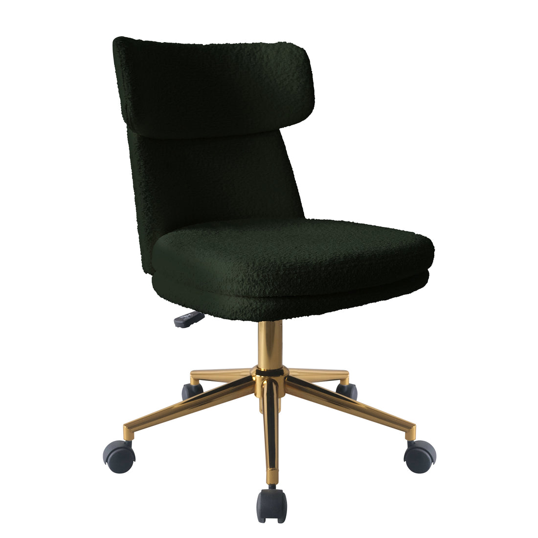 Luxo Aerona High Back Boucle Office Chair in Dark Green features a modern design with a high-back, upholstered in boucle fabric, gold-tone metal base, caster wheels, and height adjustment lever.