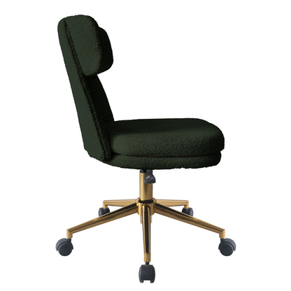 Luxo Aerona High Back Boucle Office Chair in Dark Green features a plush upholstered seat and back, adjustable gas-lift, and polished gold base with black caster wheels for elegant mobility.