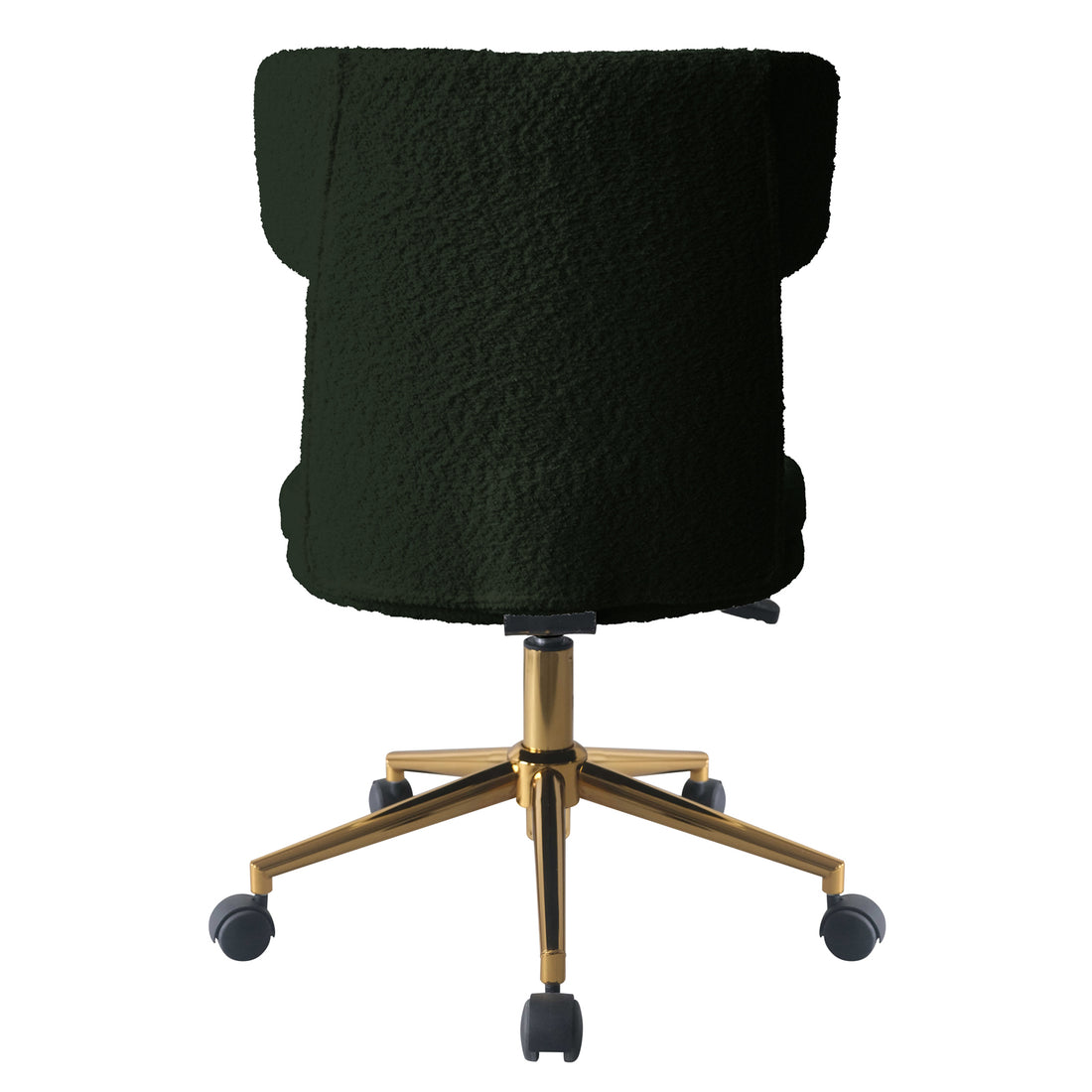 Luxo Aerona High Back Boucle Office Chair in Dark Green features a forest-green bouclé upholstery, barrel-style design, and gold-plated five-star base with caster wheels, highlighting ergonomic elegance and adjustability.