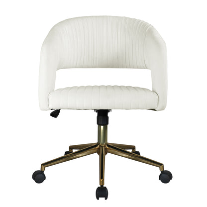 Afina Curved Swivel Velvet Office Chair in Cream White, featuring a low curved back, vertically quilted upholstery, padded seat, gold-finish metal base with five caster wheels for mobility.