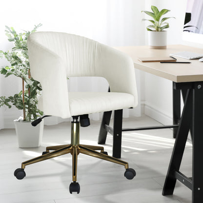 Afina Curved Adjustable Paneled Velvet Swivel Office Chair in a sleek, modern design with a plush seat and backrest, showcased near a white pot plant and furniture, highlighting its stylish appeal.