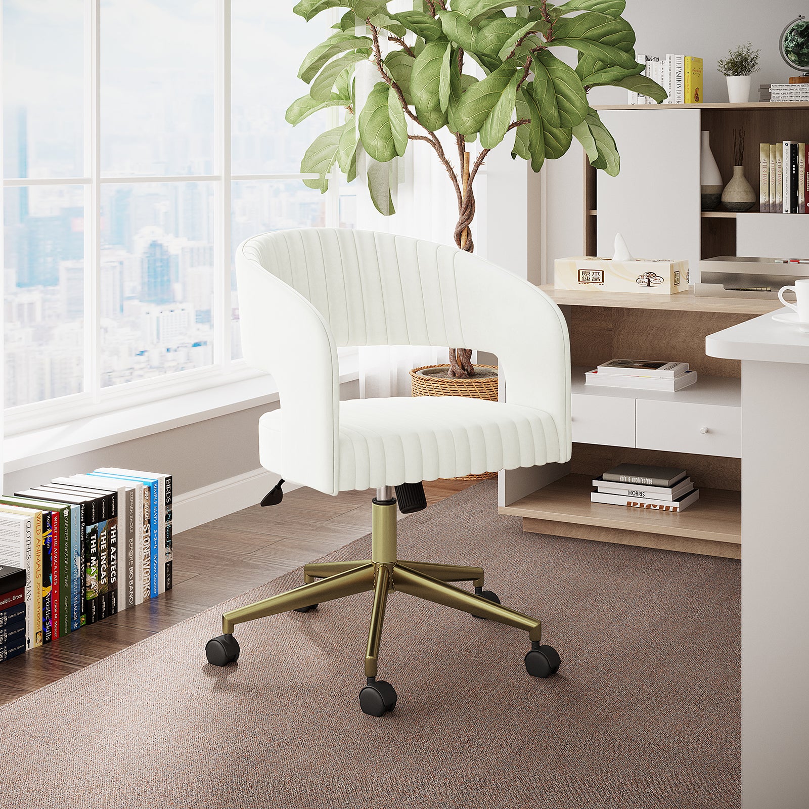 Afina Curved Swivel Velvet Office Chair in Cream White with a gold-colored five-star base on caster wheels, placed on a low-pile carpet in a cozy home-office corner with white shelving.