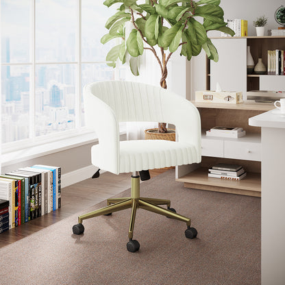 Afina Curved Swivel Velvet Office Chair in Cream White with a gold-colored five-star base on caster wheels, placed on a low-pile carpet in a cozy home-office corner with white shelving.