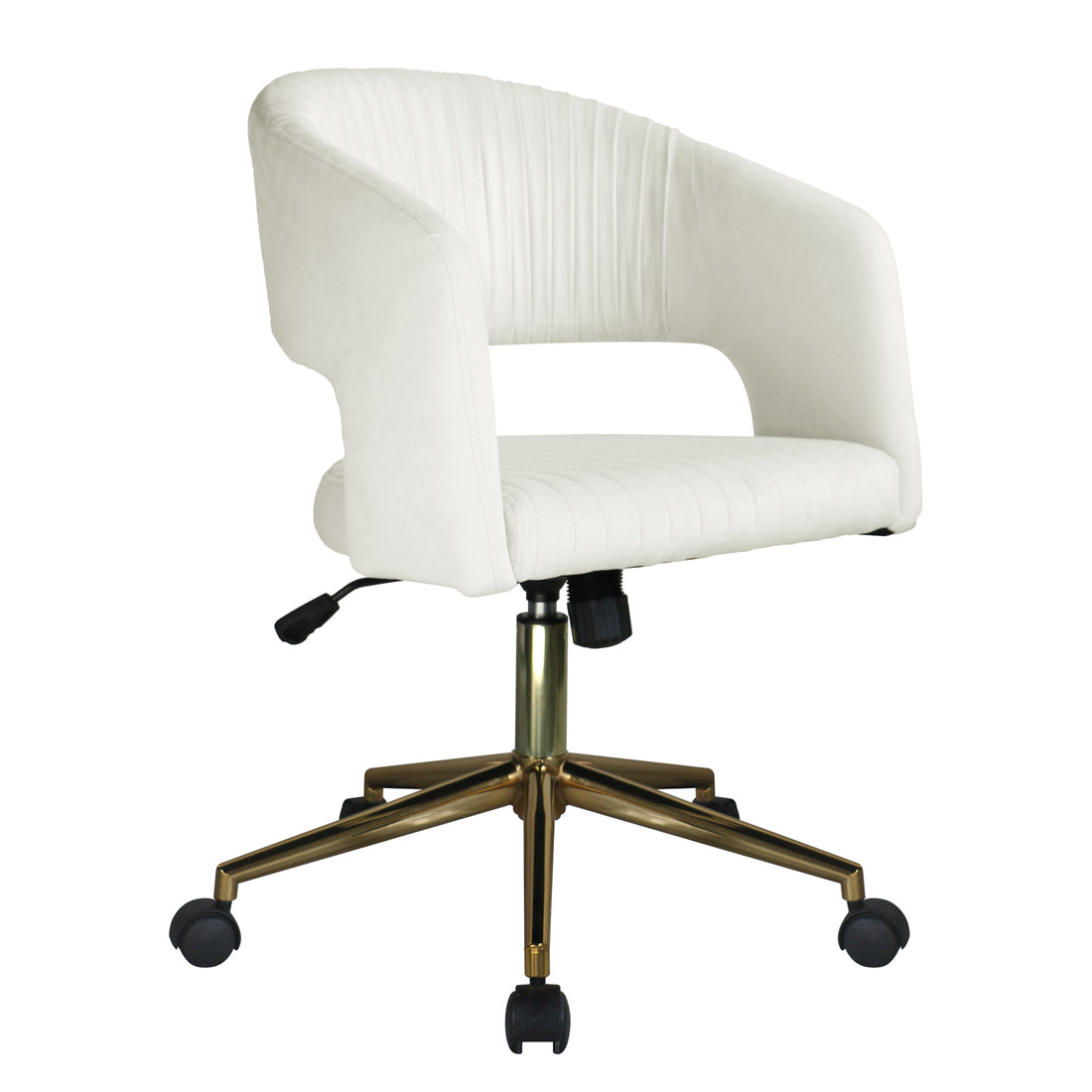 Afina Curved Adjustable Paneled Velvet Swivel Office Chair Cream White features a sleek, padded design, golden chrome metal base, and smooth swivel mechanism, ideal for enhancing any office space.