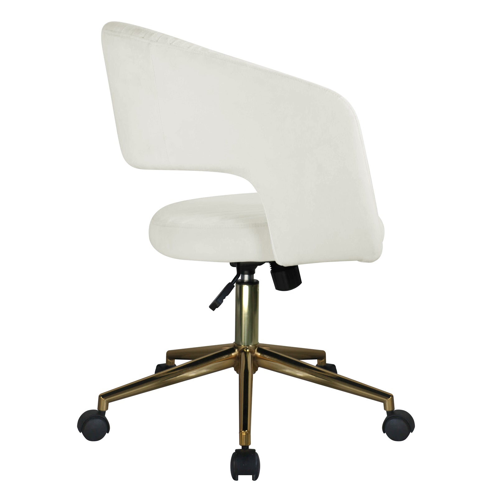 Afina Curved Swivel Velvet Office Chair in Cream White with a low, wrapped-around back, round seat, and gold-tone metal base with casters, featuring a height-adjustment lever underneath.