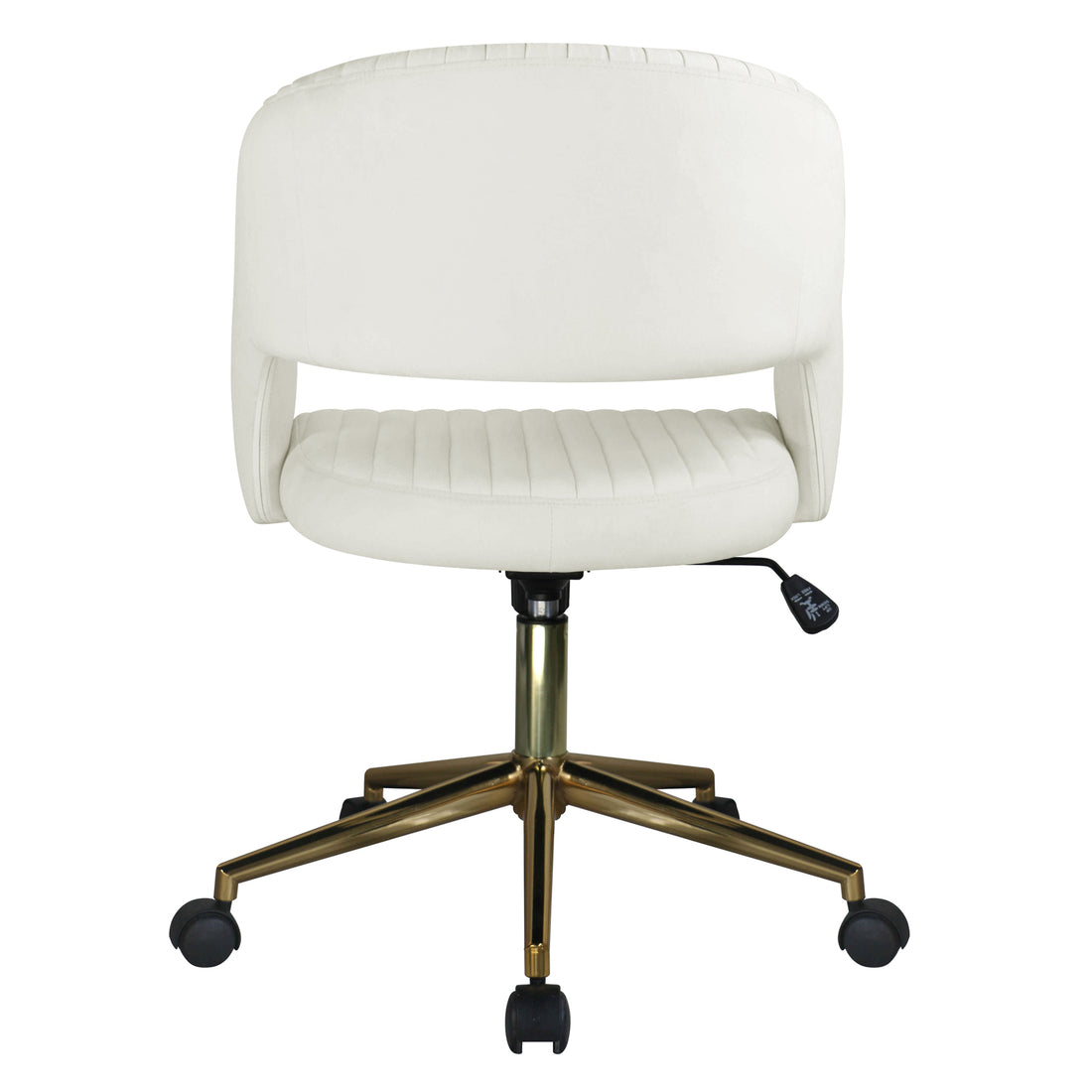 Afina Curved Swivel Velvet Office Chair in Cream White with cushioned seat, gold-finish metal base, five-star caster wheels, and height-adjustment lever, offering modern design and comfort for any workspace.