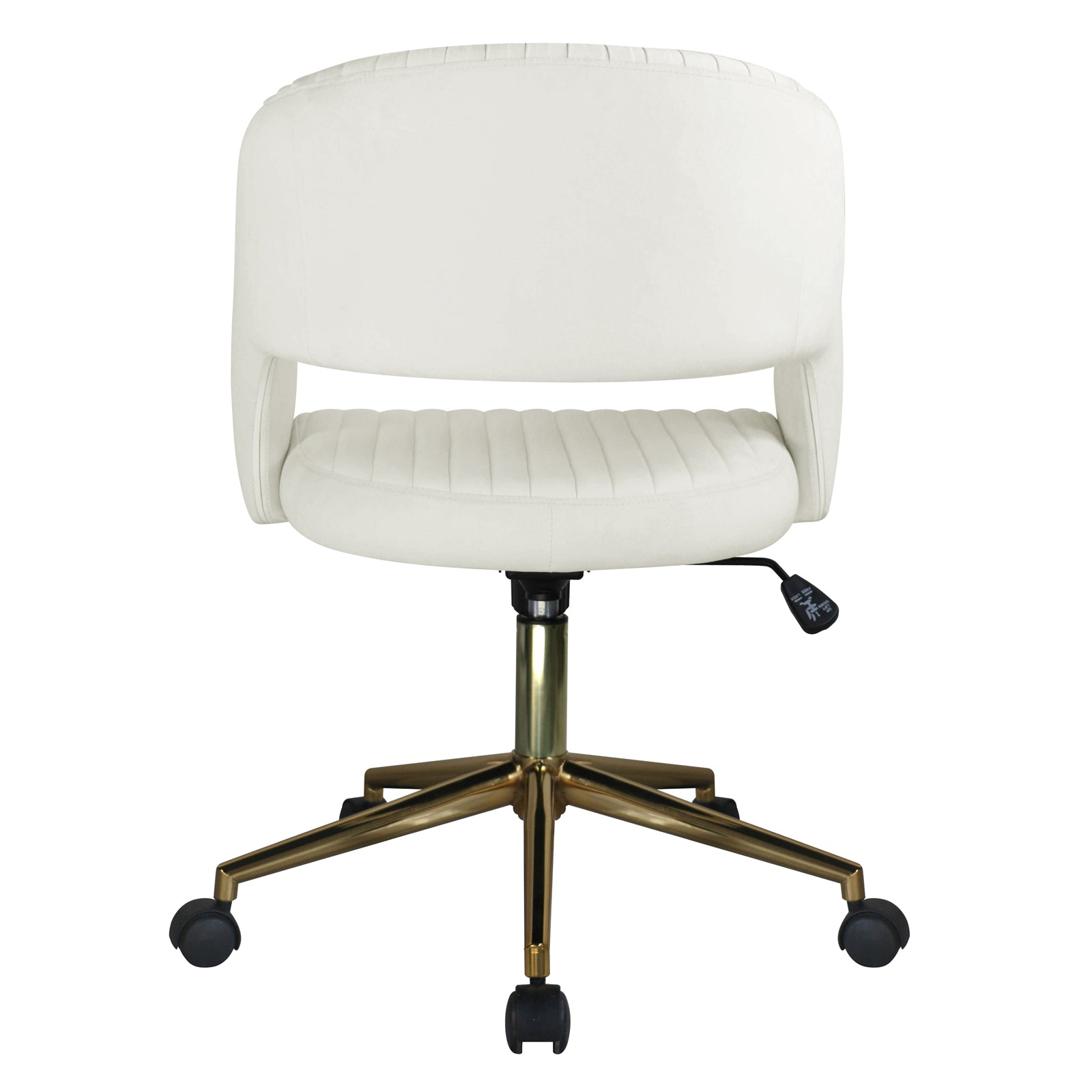 Afina Curved Swivel Velvet Office Chair in Cream White with cushioned seat, gold-finish metal base, five-star caster wheels, and height-adjustment lever, offering modern design and comfort for any workspace.