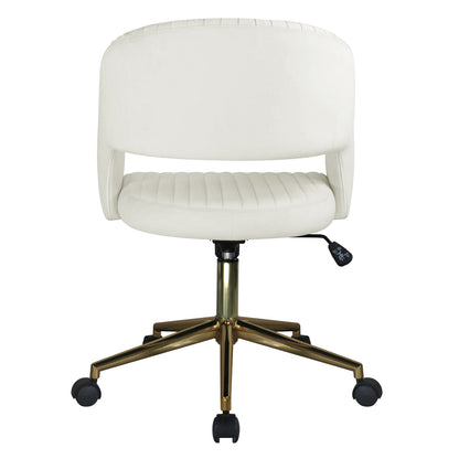 Afina Curved Swivel Velvet Office Chair in Cream White with cushioned seat, gold-finish metal base, five-star caster wheels, and height-adjustment lever, offering modern design and comfort for any workspace.