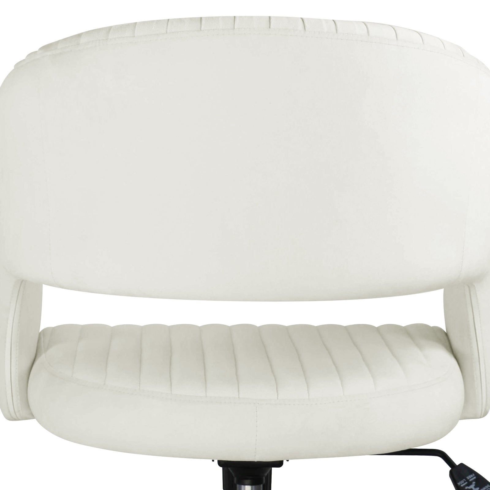Afina Curved Swivel Velvet Office Chair in Cream White, showcasing a modern design with rib-stitched upholstery, curved backrest, and visible height-adjustment lever and gas-lift mechanism for ergonomic comfort.