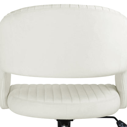 Afina Curved Swivel Velvet Office Chair in Cream White, showcasing a modern design with rib-stitched upholstery, curved backrest, and visible height-adjustment lever and gas-lift mechanism for ergonomic comfort.