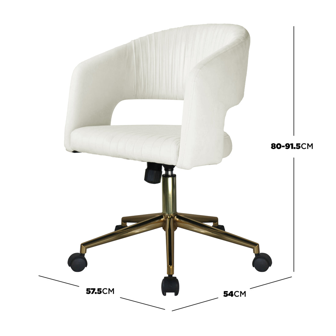 Afina Curved Swivel Velvet Office Chair in Cream White, showcasing a low curved back, padded off-white seat, gold-tone metal base with casters, and dimension lines indicating adjustable height and width.
