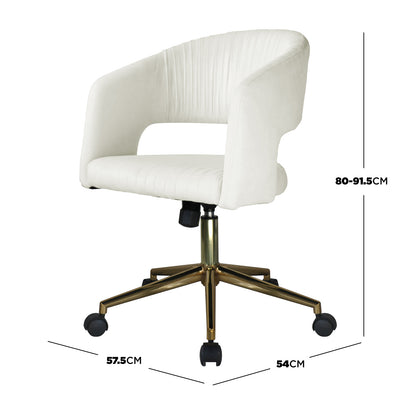 Afina Curved Swivel Velvet Office Chair in Cream White, showcasing a low curved back, padded off-white seat, gold-tone metal base with casters, and dimension lines indicating adjustable height and width.