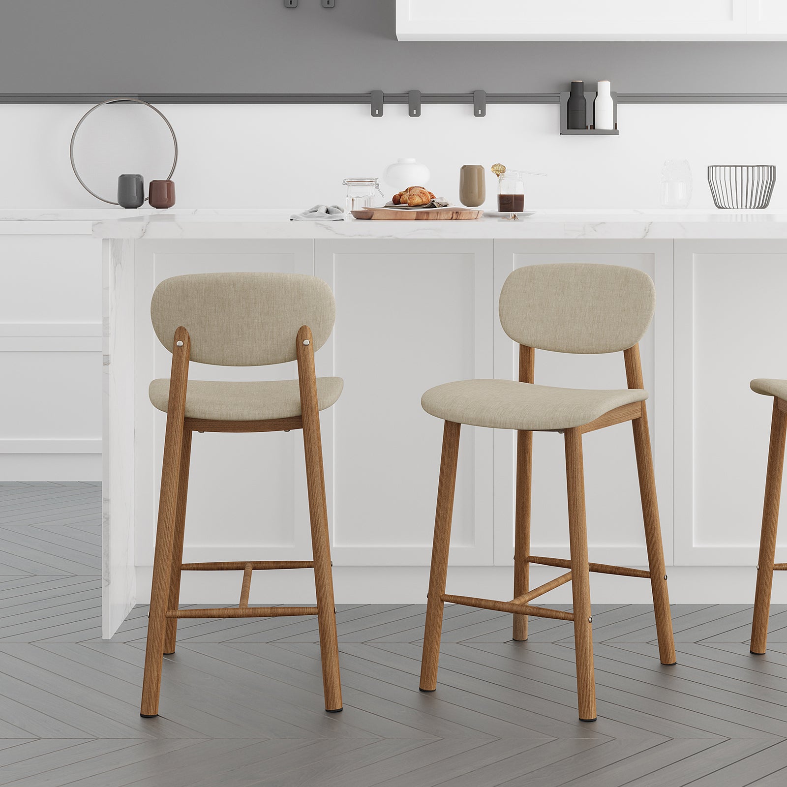 Afrim Linen Upholstered High-Back Bar Stool Set of 2 - Beige; close-up showing beige linen upholstery, ergonomic high-back design, and sturdy metal legs, highlighting stylish, modern seating for kitchens or bars.