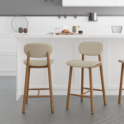 Afrim Linen Upholstered High-Back Bar Stool Set of 2 - Beige; close-up showing beige linen upholstery, ergonomic high-back design, and sturdy metal legs, highlighting stylish, modern seating for kitchens or bars.