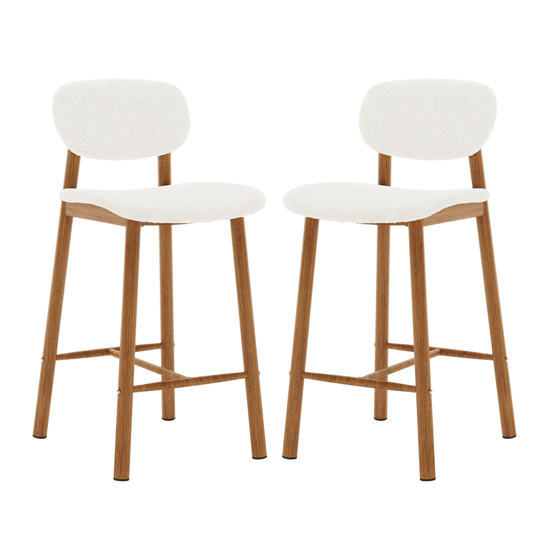 Afrim Boucle Upholstered High-Back Bar Stool Set of 2 features white boucle upholstery, high backrests, and sturdy wooden legs, ideal for enhancing modern kitchen or bar spaces.