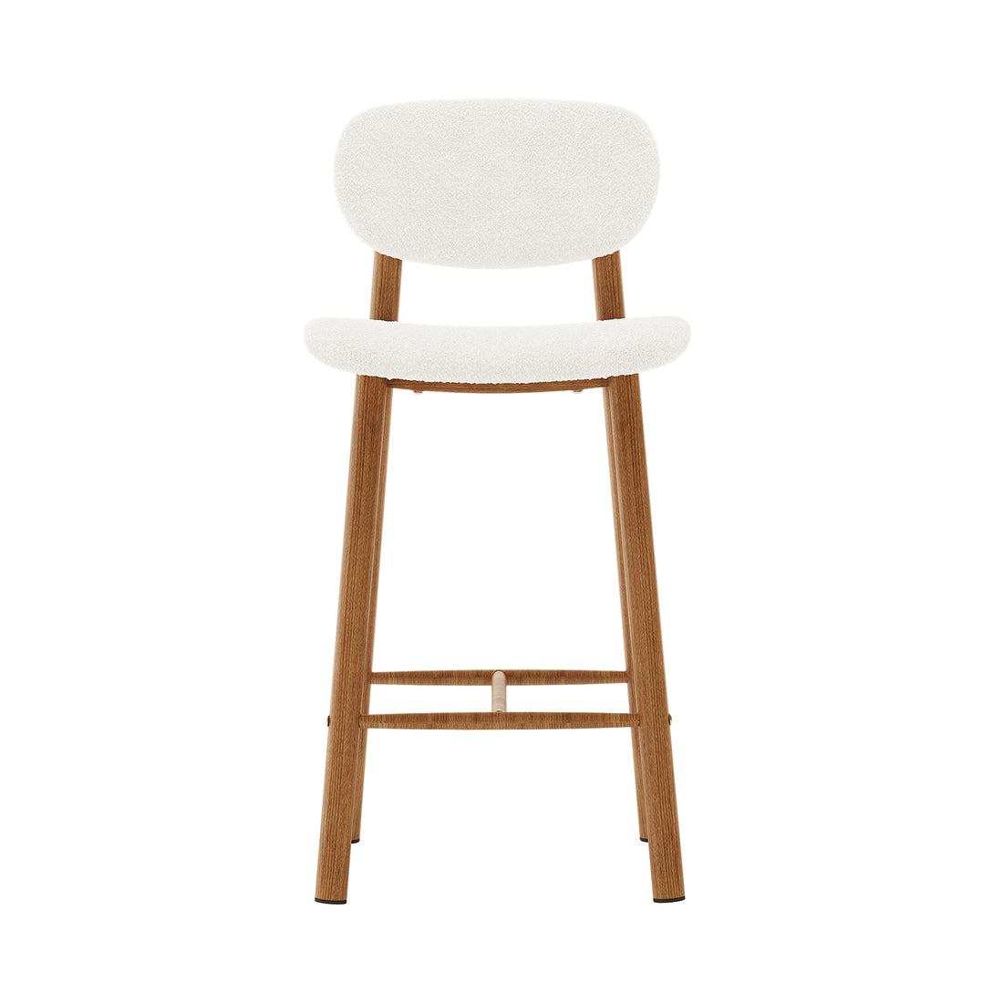 Afrim Boucle Upholstered High-Back Bar Stool Set of 2 - Cream White, featuring plush boucle upholstery, ergonomic high backrest, and sturdy wooden legs, showcased closely for design and texture detail.