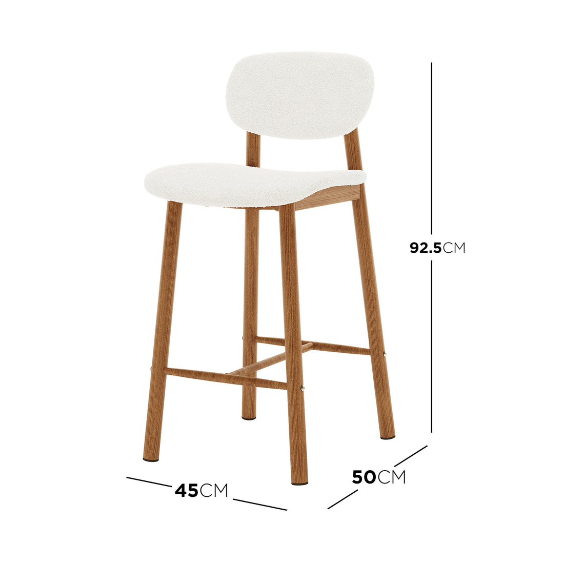 Afrim Boucle Upholstered High-Back Bar Stool Set of 2 - Cream White, featuring plush upholstery, ergonomic high backrest, and sturdy wooden legs for a stylish, modern look. Close-up shows leg design.