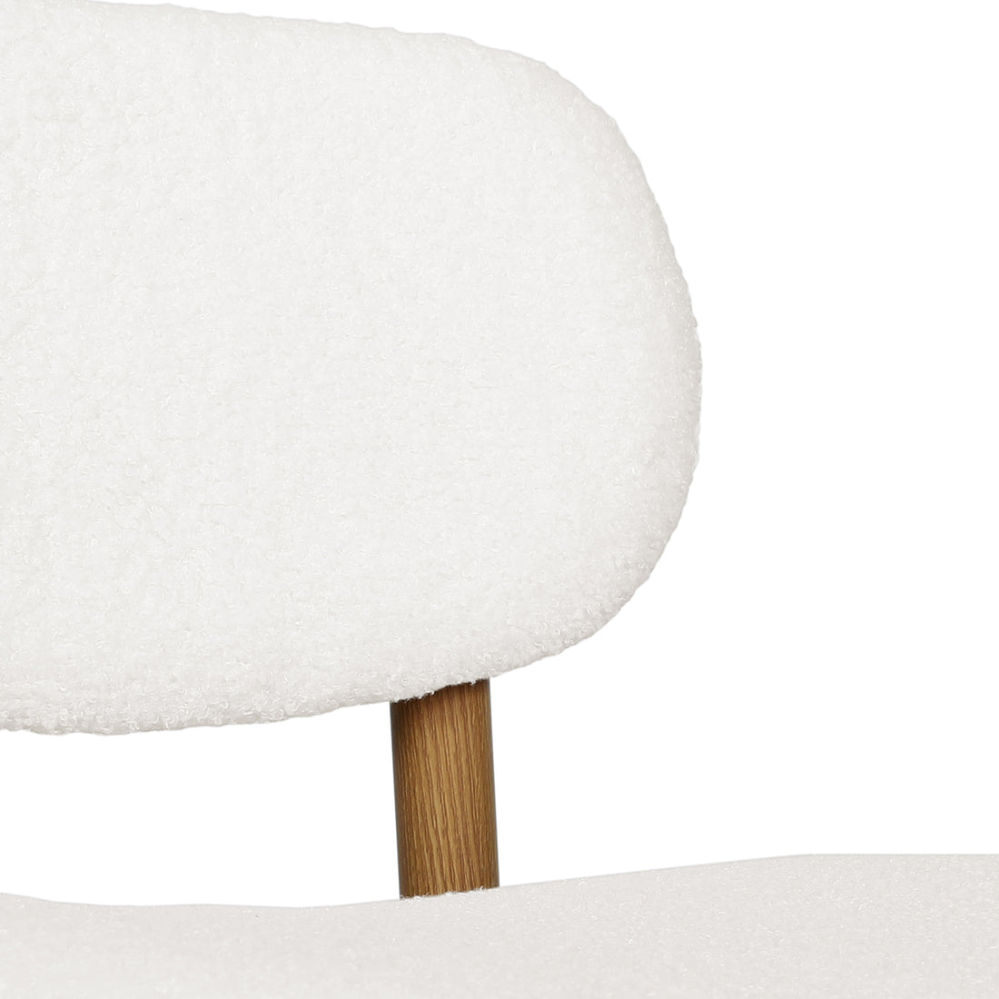 Afrim Boucle Upholstered High-Back Bar Stool Set of 2 featuring plush boucle texture, high backrest, and sturdy legs, highlighted against a wooden post with a white cloth, evoking cozy winter vibes.